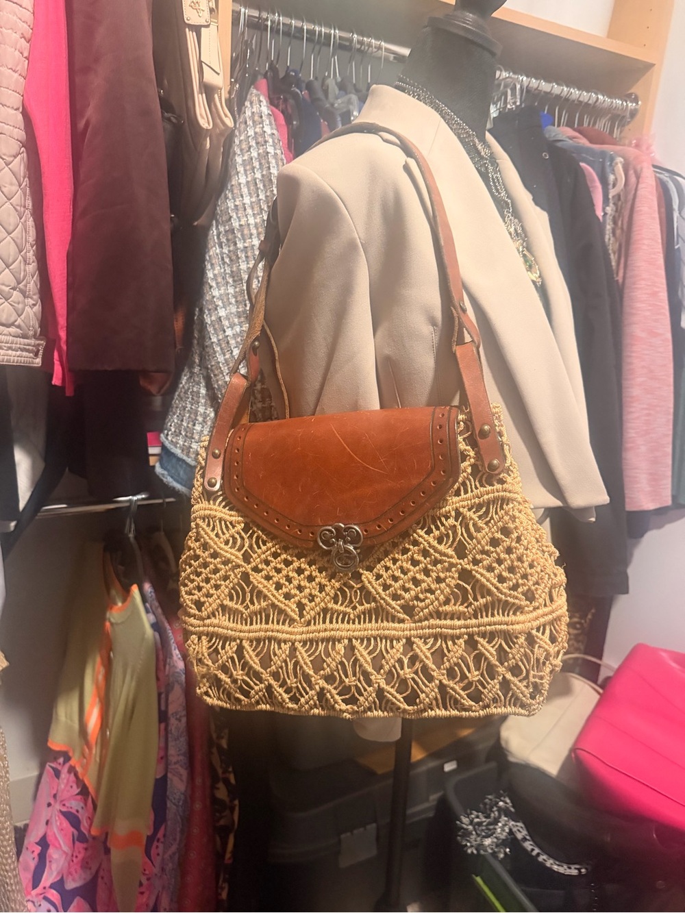 1960/70 John Romain Jute macrame’ and leather shoulder bag
